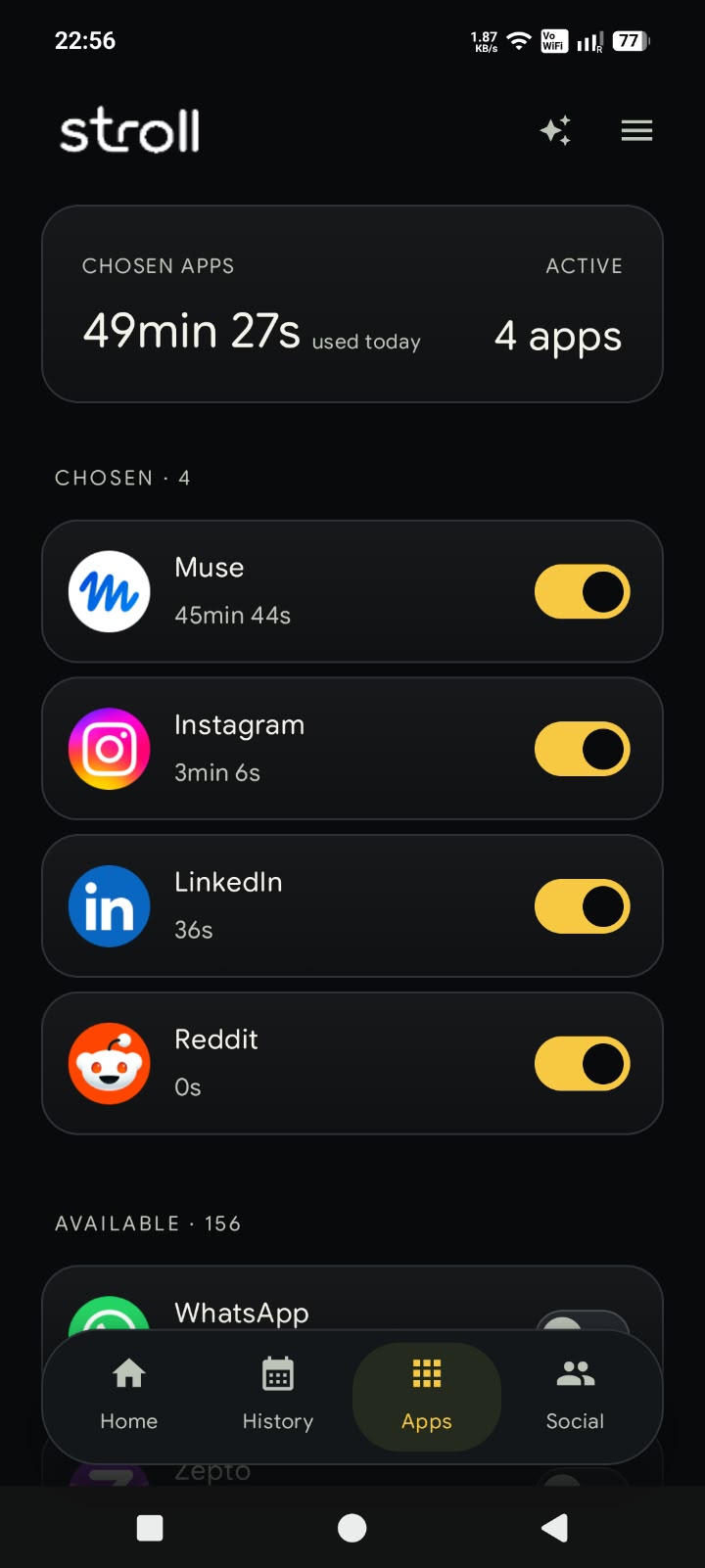 Stroll app selection screen for choosing which apps to limit