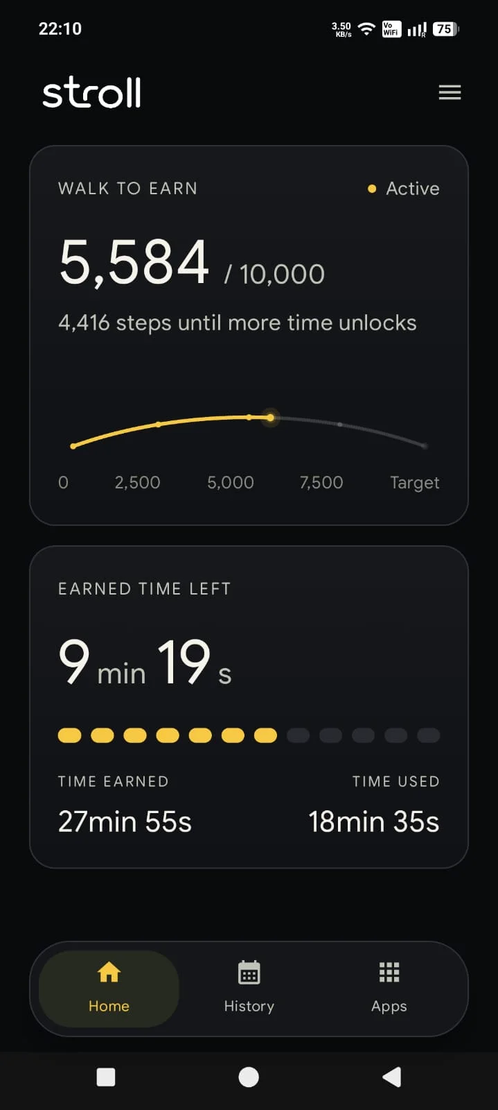 Stroll step counter showing earned screen time